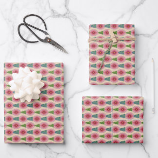 Set of 3 - Holiday Pattern with Watercolor Trees Wrapping Paper Sheets