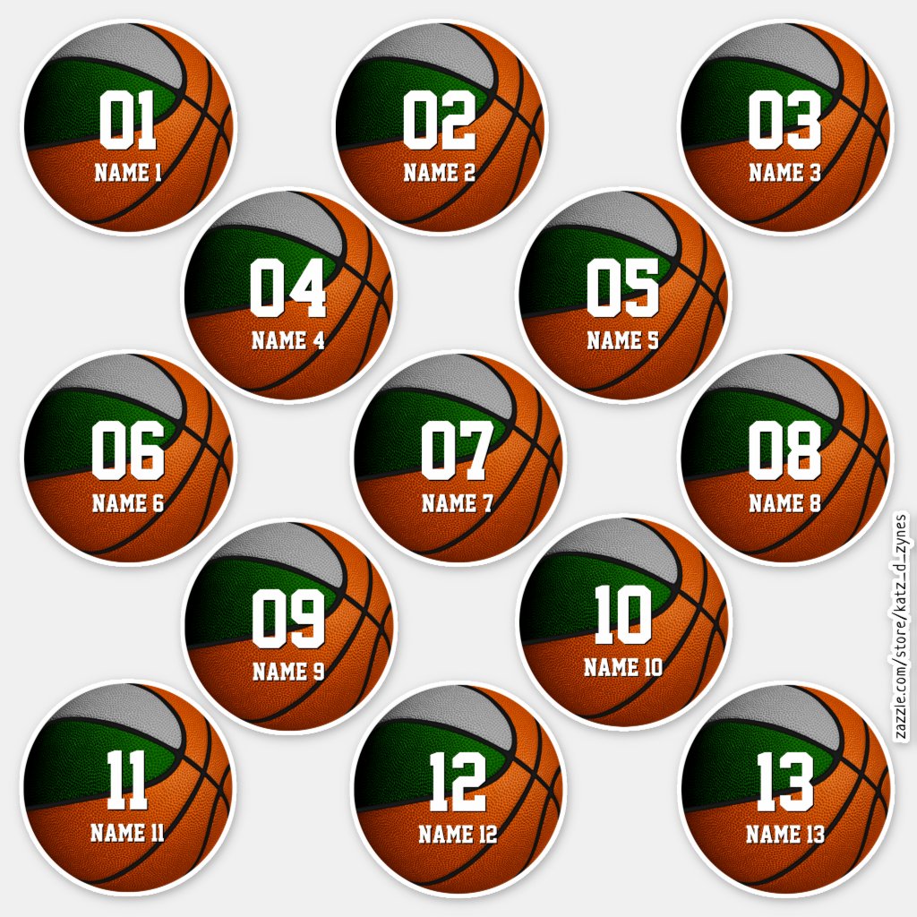 set of 3 inch green gray boys girls basketball stickers