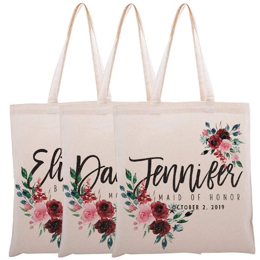 Set Of 3 Leaves And Pink Flowers Canvas Tote Bags (Set)