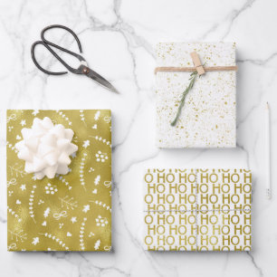 Set of 3 Modern White and Gold Foil Christmas Wrapping Paper Sheets