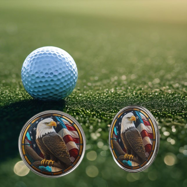 Set of 3 Patriotic Golf Ball Markers (Set of 3 Golf Ball Markers featuring stained-glass Bald Eagle and US Flag. )