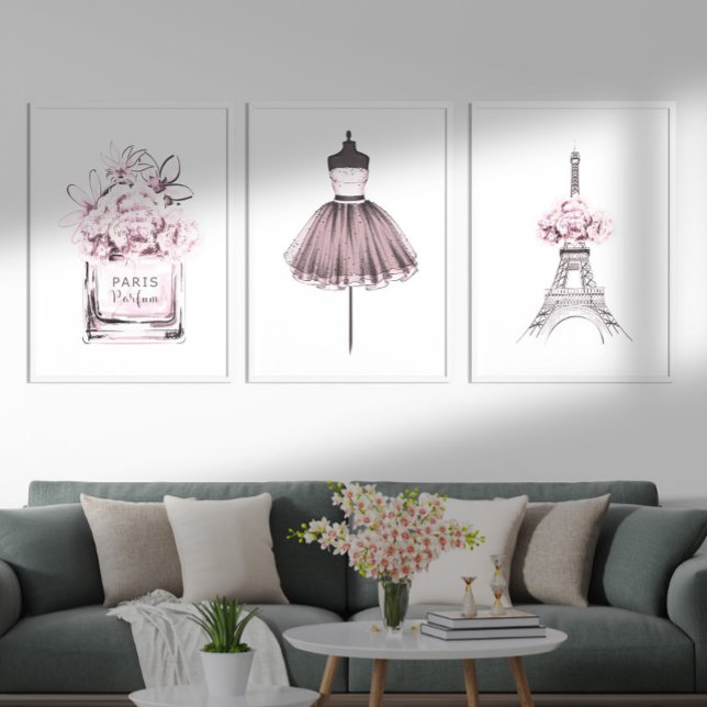 Set of 3 Pink and Grey Paris Fashion Wall Art (Set of 3 Pink and Grey Paris Fashion Wall Art in a living room)