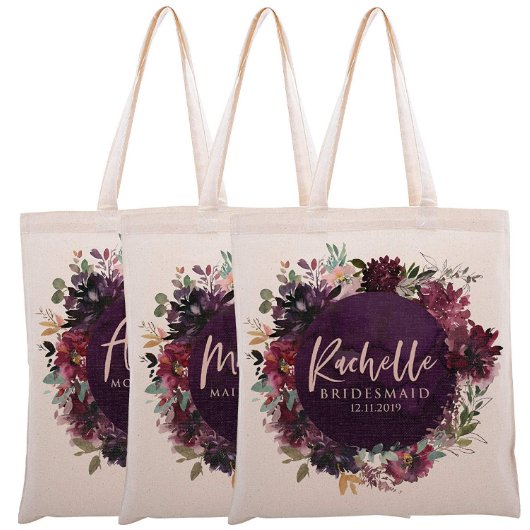 Set Of 3 Pink And Purple Floral Canvas Tote Bags (Set)