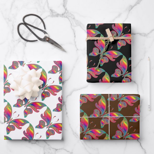 Set of 3 Rainbow Butterflies Wrapping Paper Sheets (Front)