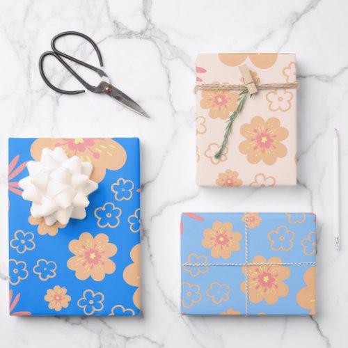 Set of 3 Retro Floral Pattern Wrapping Paper Sheets