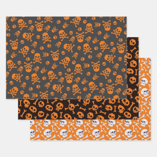 Set of 3 Skull and Crossbones Pumpkin Orange Wrapping Paper Sheets