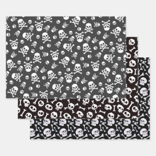 Set of 3 Skull and Crossbones White Wrapping Paper Sheets