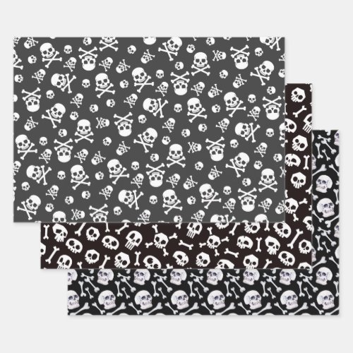 Set of 3 Skull and Crossbones White Wrapping Paper Sheets