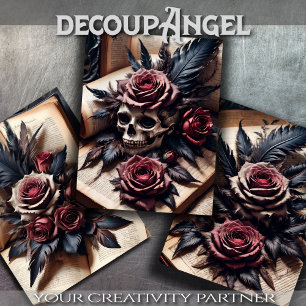 Set of 3 - Skull and Scarlet Roses #1 - Decoupage Wrapping Paper Sheets