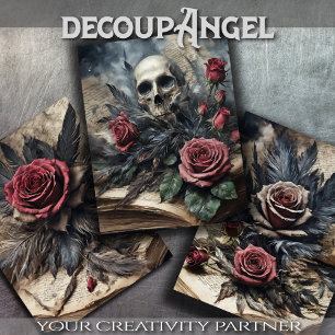 Set of 3 - Skull and Scarlet Roses #2 - Decoupage Wrapping Paper Sheets