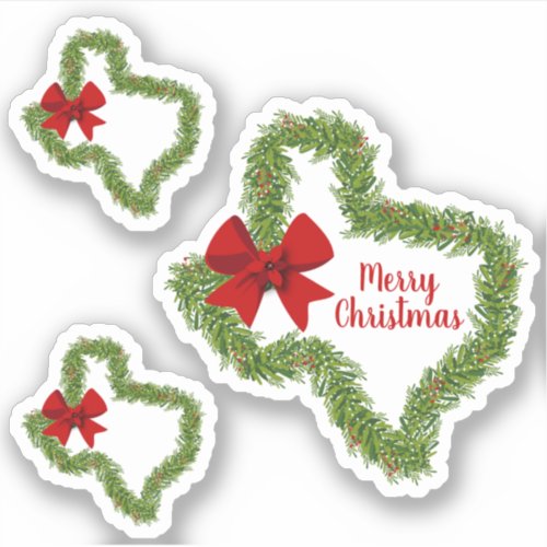 Set of 3 Texas Christmas Wreath with Red Bow Sticker