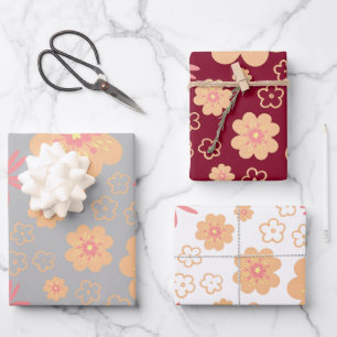 Set of 3 Unique Retro Flower Wrapping Paper Sheets