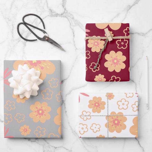 Set of 3 Unique Retro Flower Wrapping Paper Sheets (Front)