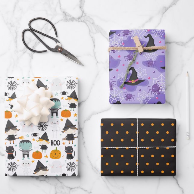 Set of 3 Whimsical Halloween  Wrapping Paper Sheets (Front)