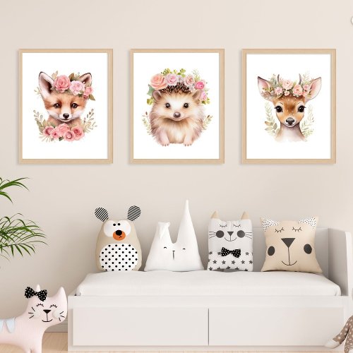 Set Of 3 Woodland Animals Girl Pink Nursery Prints