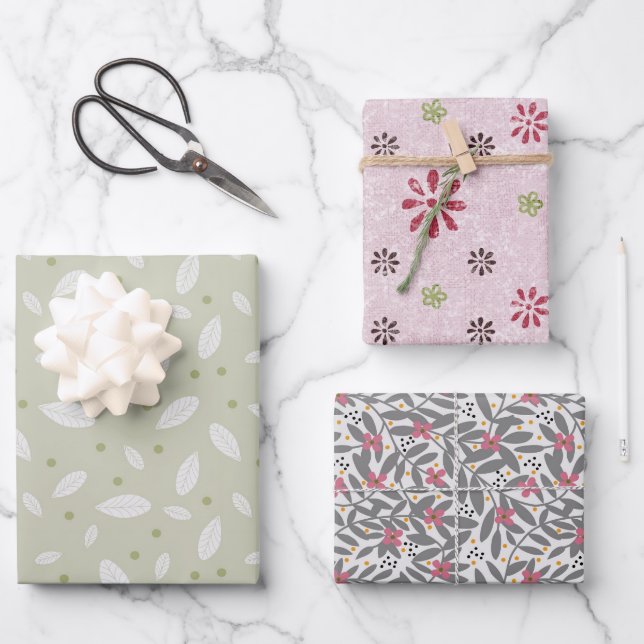 Set of 3 Wrapping Papers in florals and leaves  Wrapping Paper Sheets (Front)