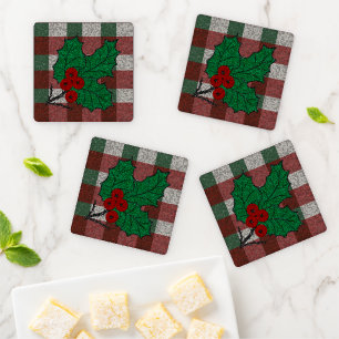Set of 4 1940s Xmas Gingham Coaster Set