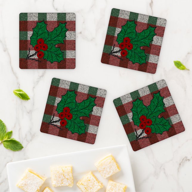 Set of 4 1940s Xmas Gingham Coaster Set (In Situ)