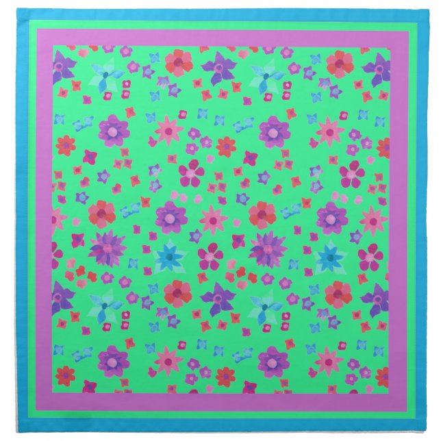 Set of  4 Aqua Flower-Power Table Napkins (Front)