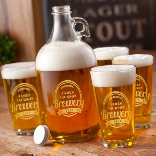 Set of 4 Brewery Gold Print Glasses & Beer Growler (Front)