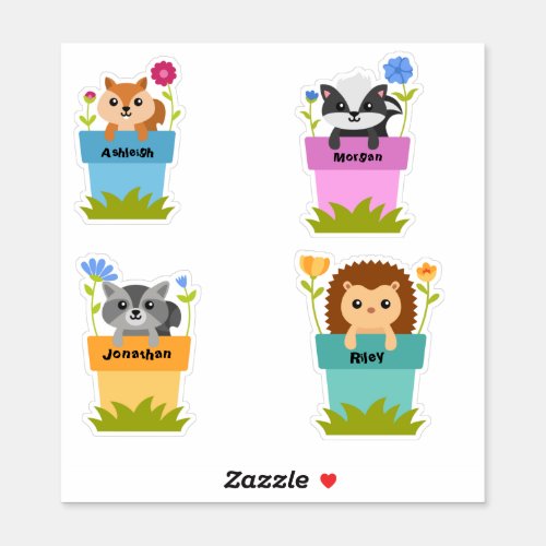 Set Of 4 Cute Animals In Garden Pots Stickers