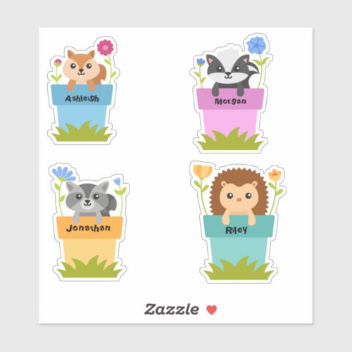 Set Of 4 Cute Animals In Garden Pots Stickers