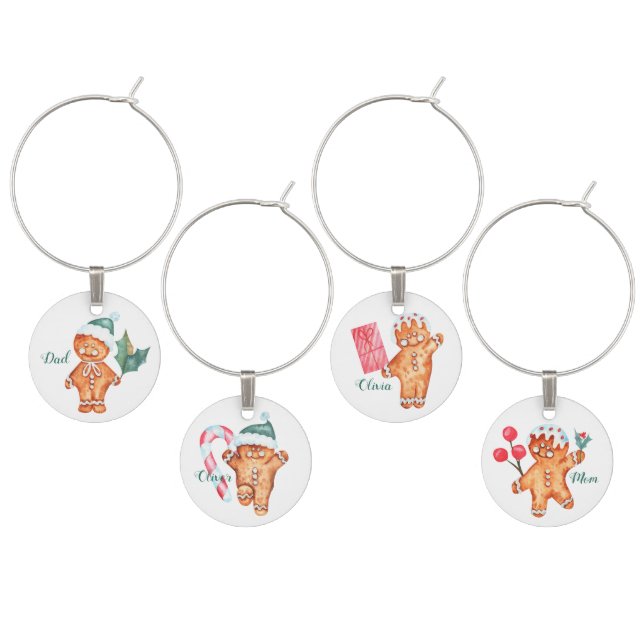 Set of 4 cute Christmas gingerbread  Wine Charm (Staggered)