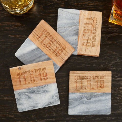Set of 4 Cute Engraved Marble and Wooden Coasters