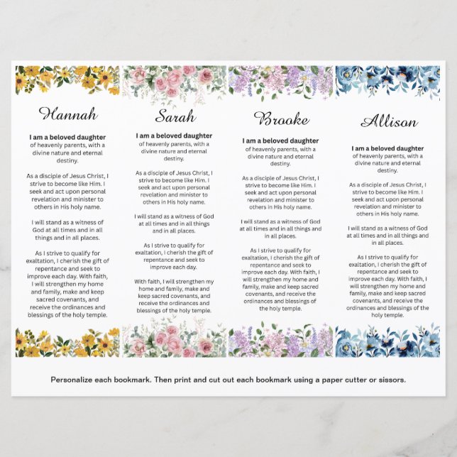 Set of 4 Editable LDS Young Women Theme Bookmarks (Front)