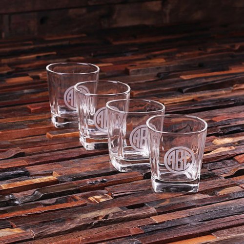 Set of 4 Engraved Circle Monogram Whiskey Glasses