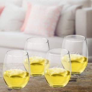 Set of 4 Engraved Scripted Stemless Wine Glasses