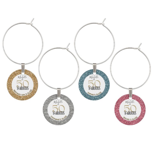 Set of 4 Fifty and Fabulous Birthday Girl Glitter Wine Charm (Staggered)