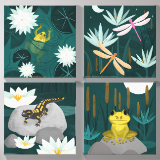 Set of 4 Frog, Salamander, Dragonfly Midnight Pond Canvas Photo Tile
