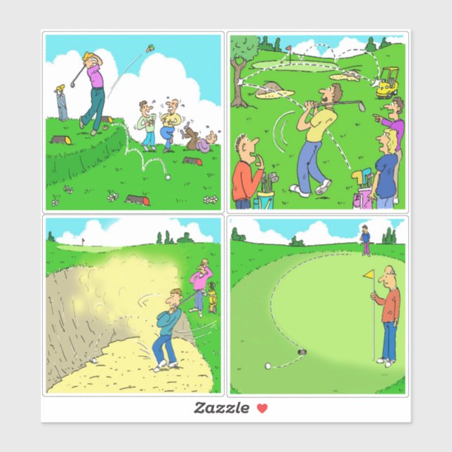 Set of 4 Funny Golf Cartoons. Sticker (Sheet)