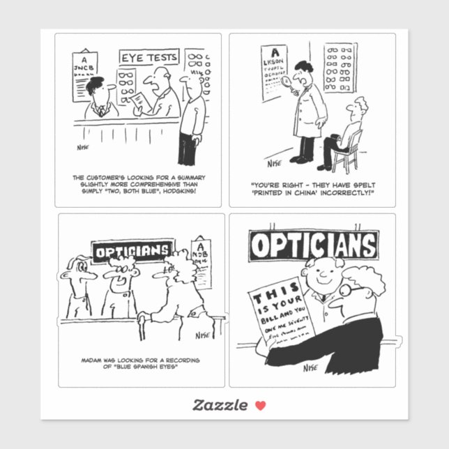Set of 4 Funny Optician Cartoons. Sticker (Sheet)