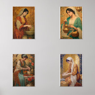 Set of 4 golden byzantine mosaic women framed art 