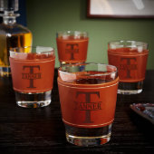 Set of 4 Handsome Leather Wrapped Whiskey Glasses (Front)