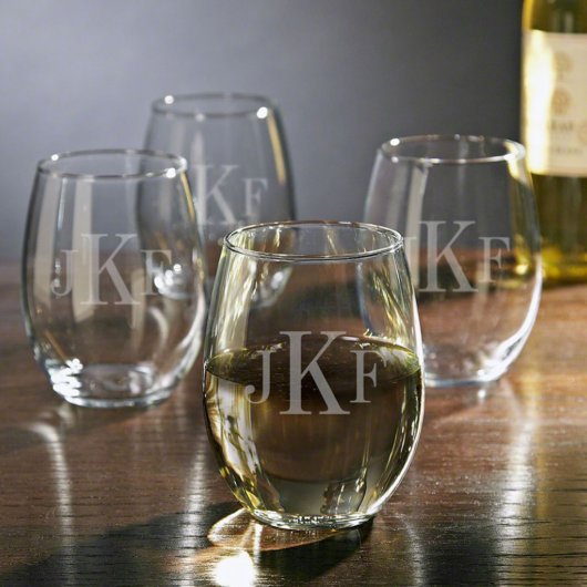 Set Of 4 Modern Monogram Stemless Wine Glasses (Front)