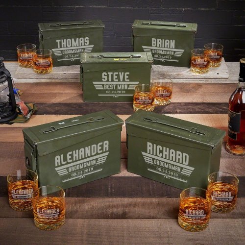 Set of 5 Ammo Cans w Whiskey Stones and Glasses