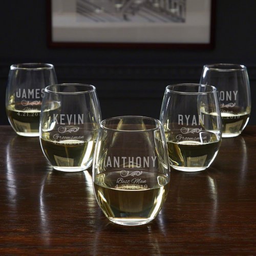 Set of 5 Classic Engraved Stemless Wine Glasses