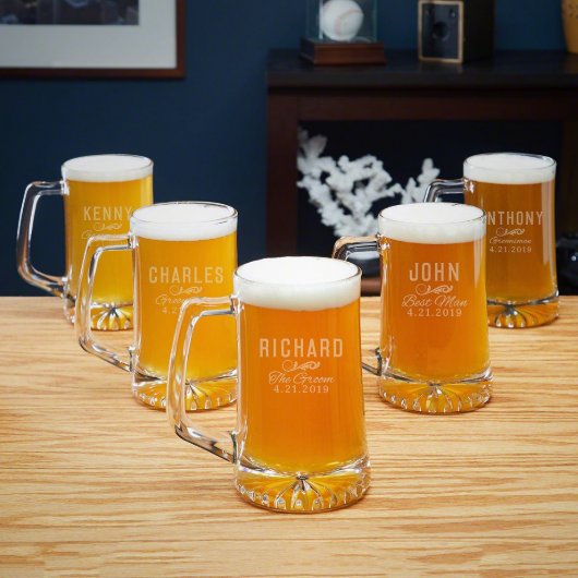 Set of 5 Classic Groomsmen 25 oz. Beer Mugs (Front)