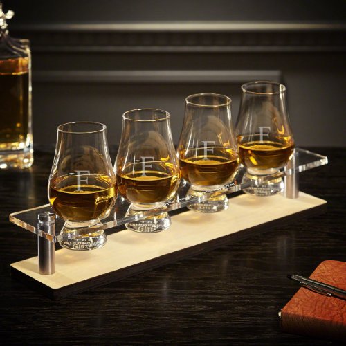 Set of 5 Serving Tray  Engraved Glencairn Glasses