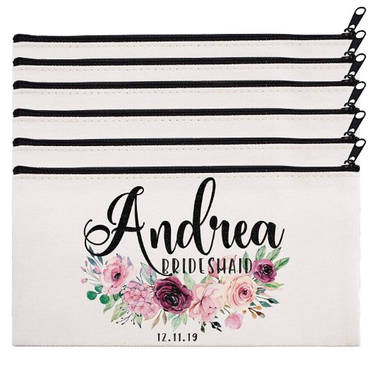 Set Of 6 Band Of Pink Roses Canvas Cosmetic Bags (Set)