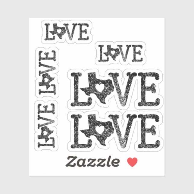 Set of 6 Black Distressed Texas Love Custom-Cut Sticker (Sheet)