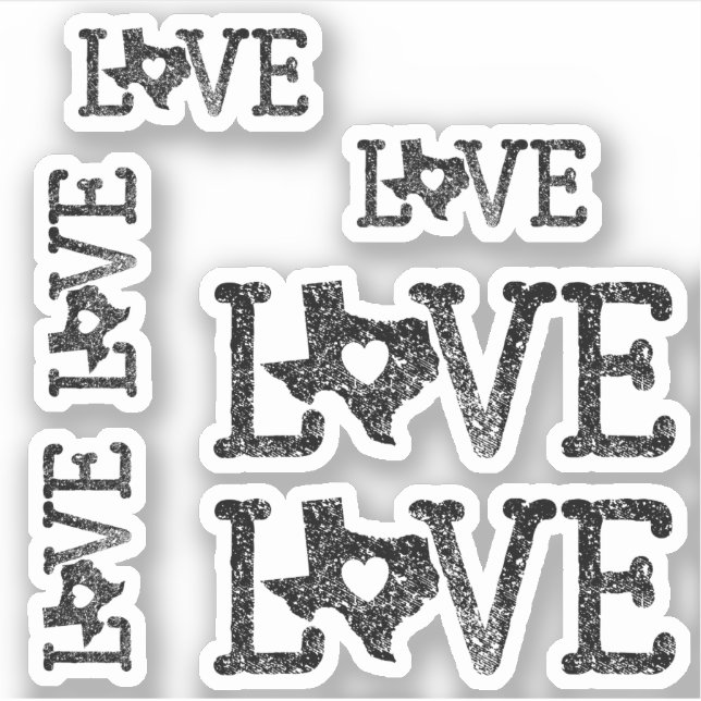 Set of 6 Black Distressed Texas Love Custom-Cut Sticker (Front)