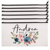 Set Of 6 Blue And Pink Roses Canvas Cosmetic Bags (Set)