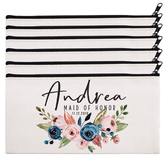 Set Of 6 Blue And Pink Roses Canvas Cosmetic Bags (Set)