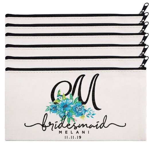 Set Of 6 Blue Flowers Floral Canvas Cosmetic Bags (Set)