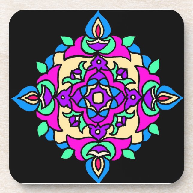Set of 6 Cork Coasters with Bright Rangoli Pattern (Front)