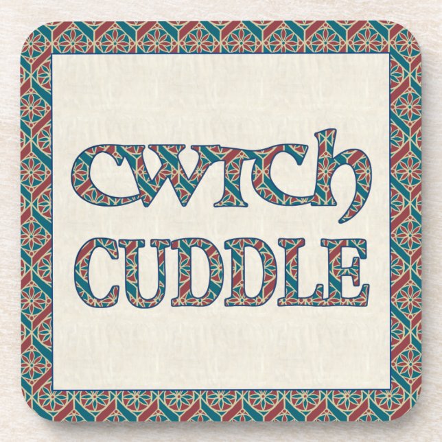 Set of 6 Cork Coasters with Welsh Cwtch and Cuddle (Front)